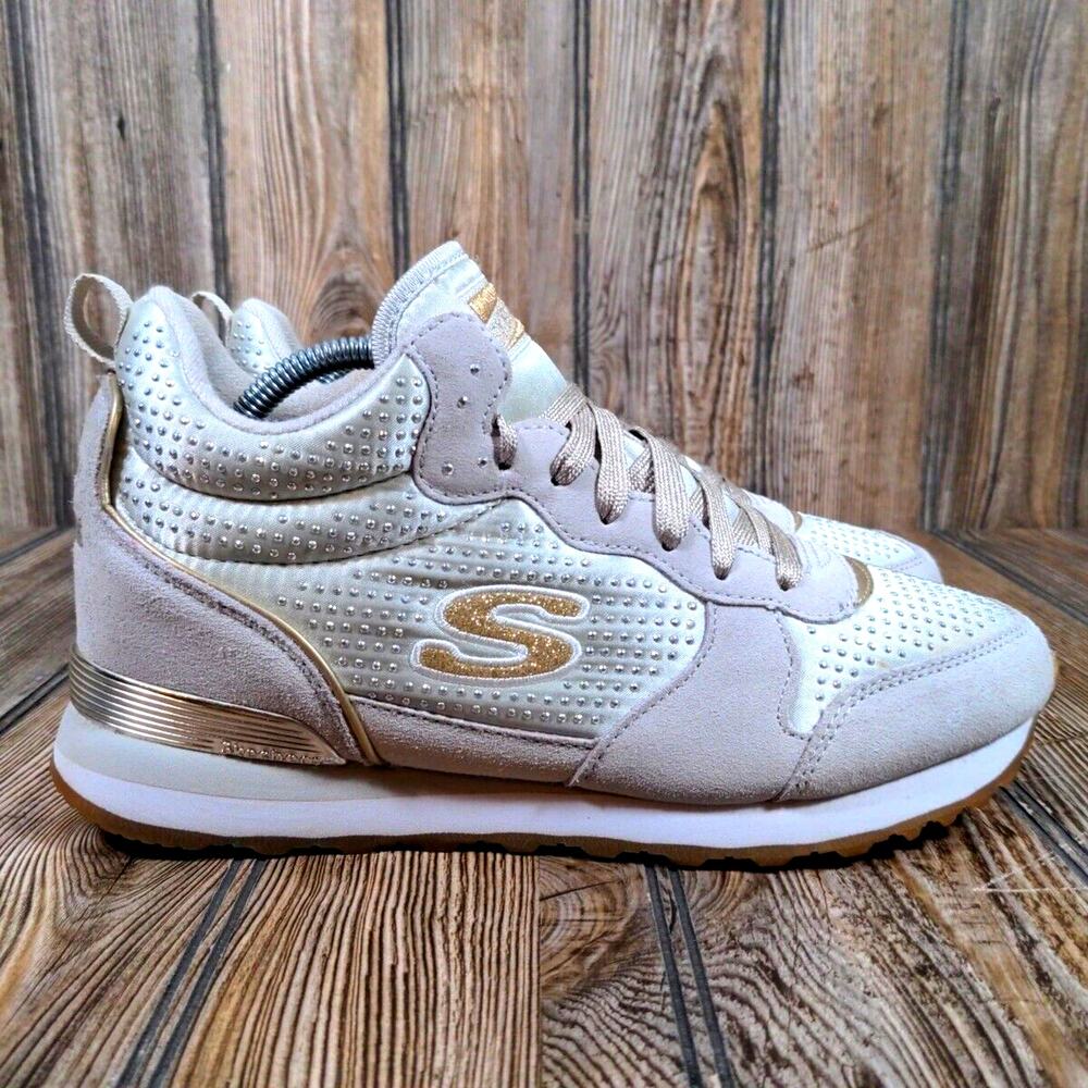 Skechers Mid Sneakers Women 8.5 Taupe Gold Rhinestones Air Cooled Memory Foam